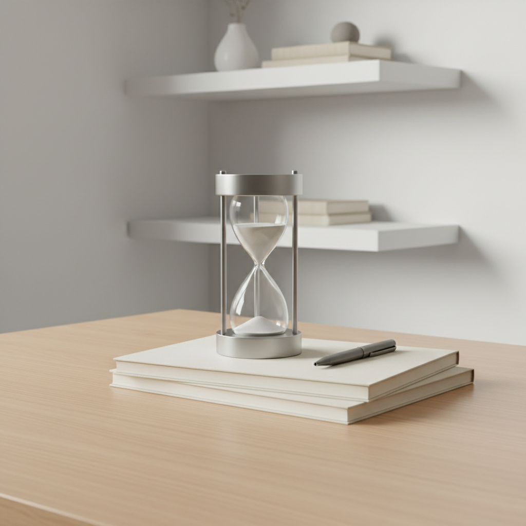 A sleek, frosted glass hourglass with brushed metal accents is placed atop a structured, light oak desk, surrounded by neatly stacked blank notebooks and a single graphite grey pen. The setting is a minimalist office corner with clean-lined shelves in the background, each holding evenly spaced decorative objects in soft neutrals. Soft, diffused overhead lighting bathes the scene, creating smooth transitions between highlights and shadows that underscore the hourglass’s contours. The balanced framing uses a center-focused composition at a slight angle, emphasizing flow of time and introspection. The image conveys a sense of professionalism, order, and possibility, with a modern, photographic style highlighting the corporate business personality of the site.