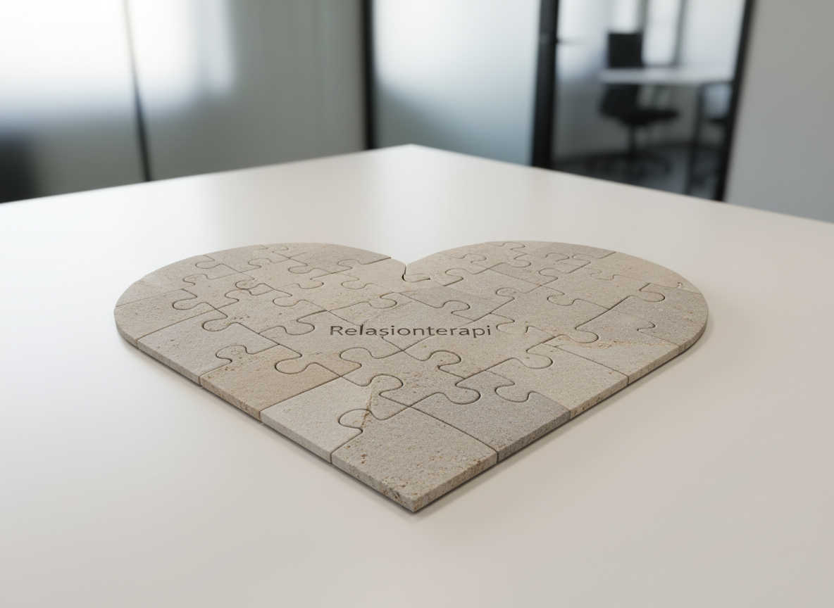 A neutral-toned, textured stone puzzle with perfectly interlocking pieces is arranged as a flat lay on a pristine, matte white tabletop. The puzzle’s pieces form an abstract heart shape. The background is gently blurred, featuring clean architectural elements—subtle hints of a modern workspace with glass partitions. Soft afternoon studio lighting bathes the scene, casting gentle, almost imperceptible shadows that confer depth without disrupting compositional clarity. Captured from a directly overhead, bird’s-eye view, the image emphasizes interconnectedness and solutions, creating a calm and inviting atmosphere ideal for a relasjonsterapi business. The aesthetic is photographic, minimal, and highly structured to reflect professionalism.