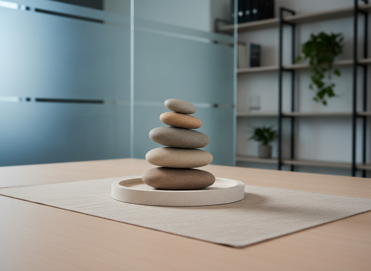 A set of smooth, stone-like balance objects arranged in a careful stack on a pale sandblasted tray—each object varying subtly in size and earth-tone color, with a matte finish. The arrangement sits atop a broad, uncluttered desk with a neutral linen blotter beneath. The background reveals a hint of a frosted glass divider and clean shelving in soft focus. Cool natural daylight streams in from a window just out of frame, producing soft highlights and gentle, calming shadows that define each form. The camera is positioned at desk height with a shallow depth of field, drawing attention to the harmonious arrangement. The mood is serene and structured, aligning with a photographic realism and minimal corporate style that symbolize equilibrium in relationships.