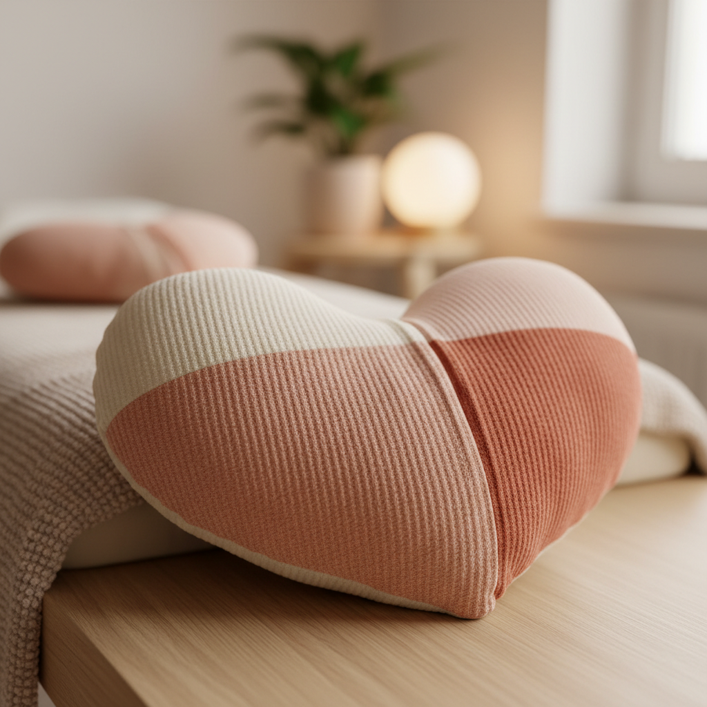 En fotorealistisk pute laget som et hjerte, i varme og rolige farger. Bildet skal passe i en terapeut-presentasjon og gi et trygt, innbydende inntrykk.